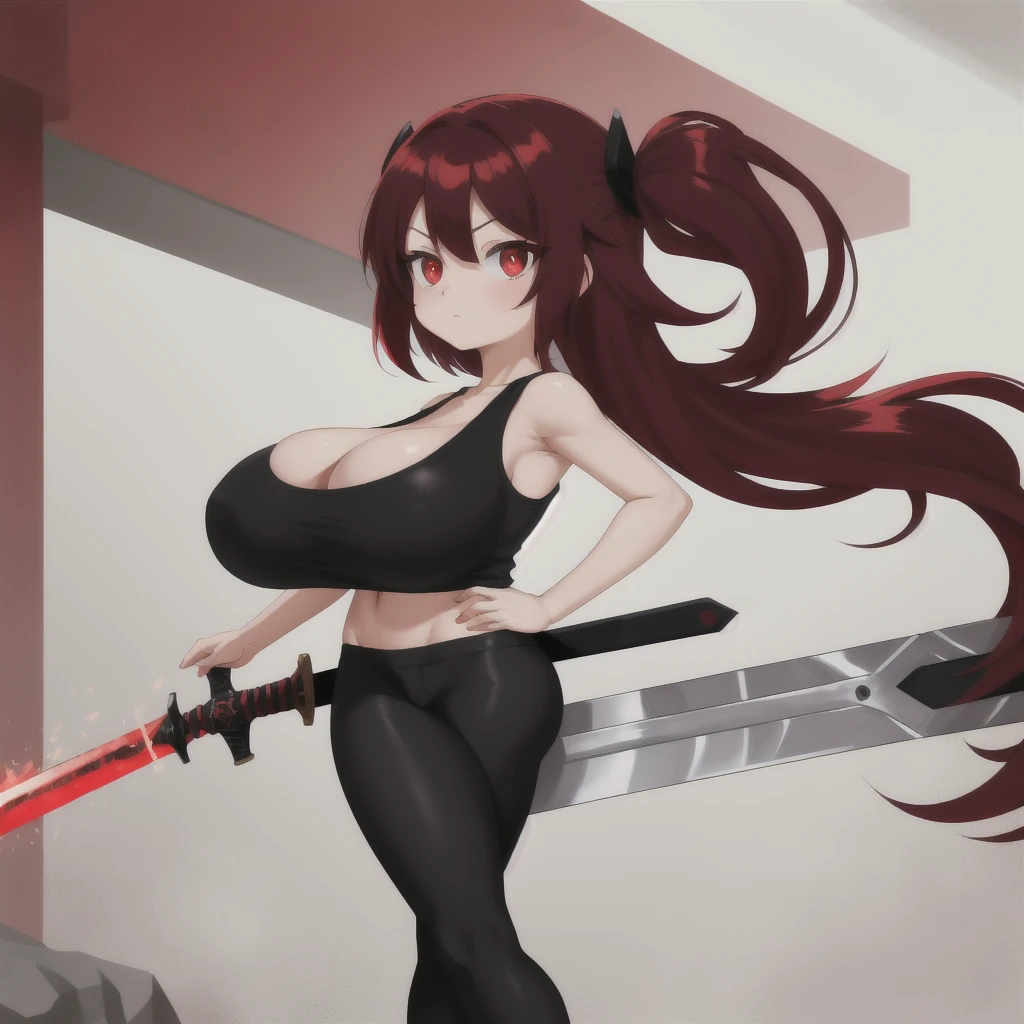 red hair, female, solo, smol, red eyes, massive breasts, oppai , very long hair, wear open cut black tight tank top and red leggings, holding a red sword, masterpiece, ultra high quality