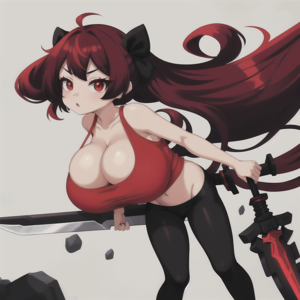 red hair, female, solo, smol, red eyes, massive breasts, oppai ****, very long hair, wear open cut black tight tank top and red leggings, holding a red sword, masterpiece, ultra high quality