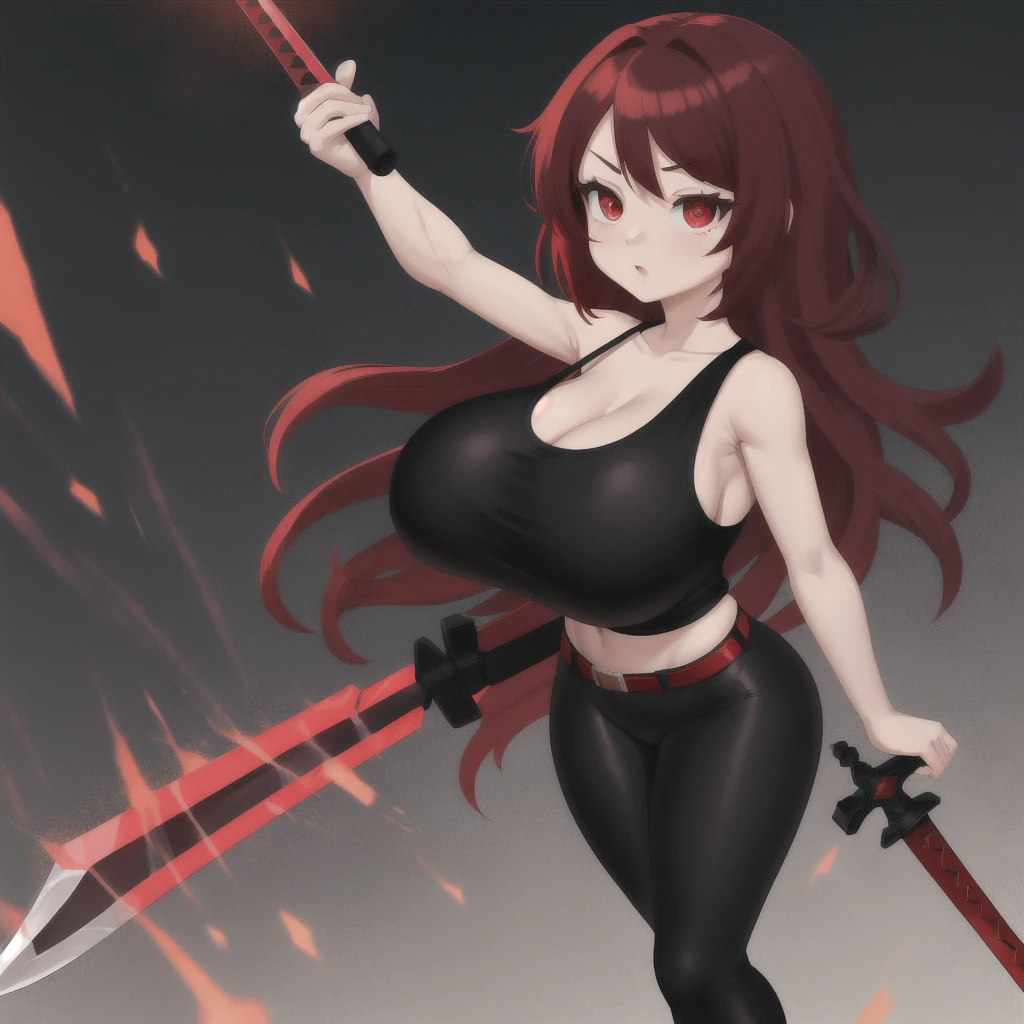 red hair, female, solo, smol, red eyes, massive breasts, oppai , very long hair, wear open cut black tight tank top and red leggings, holding a red sword, masterpiece, ultra high quality