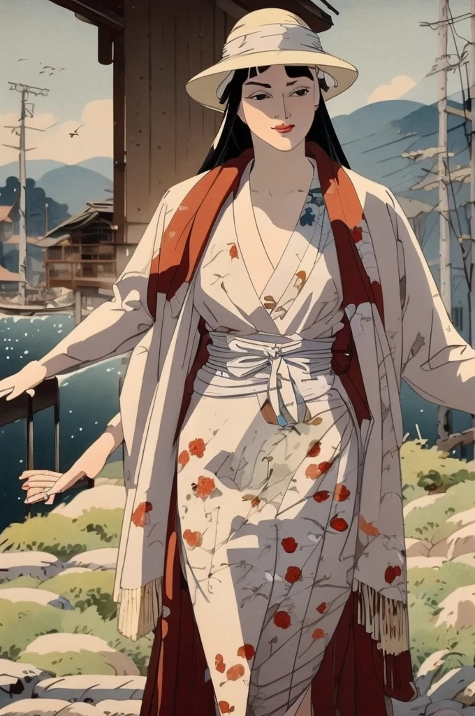 masterpiece, best quality, ukiyo-e:1.2, in hiroshige style, a beautiful 20s russian model, ultra detailed face