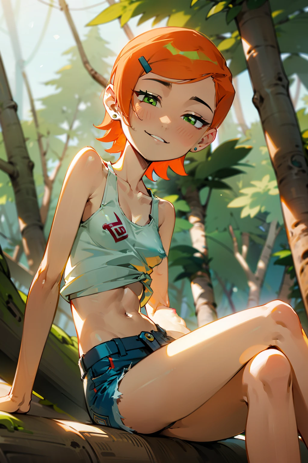 (Masterpiece), Best Quality, ultra-detailed, 1girl (Gwendolyn_Tennyson, lovely small breasts, naked body, orange hair, short hair, green eyes, half-closed eyes), smile, parted lips, solo, yellow tank_top, covered nipples,bare one shoulder, navel, joch, denim shorts, in the  forest, sitting, rock, crossed_legs, from_below, Sexy waist teasing, 