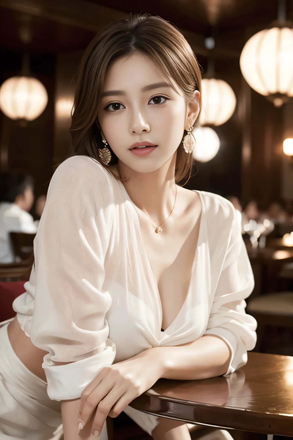 masterpiece, Highest quality, Realistic, Very detailed, Finer details, High resolution, 8k wallpaper, One beautiful woman, Wear an elegant white see-through shirt, In a great restaurant, At night, Light brown messy hair, Perfect dynamic composition, Beautiful and beautiful eyes、Big earrings、Sit on a chair、