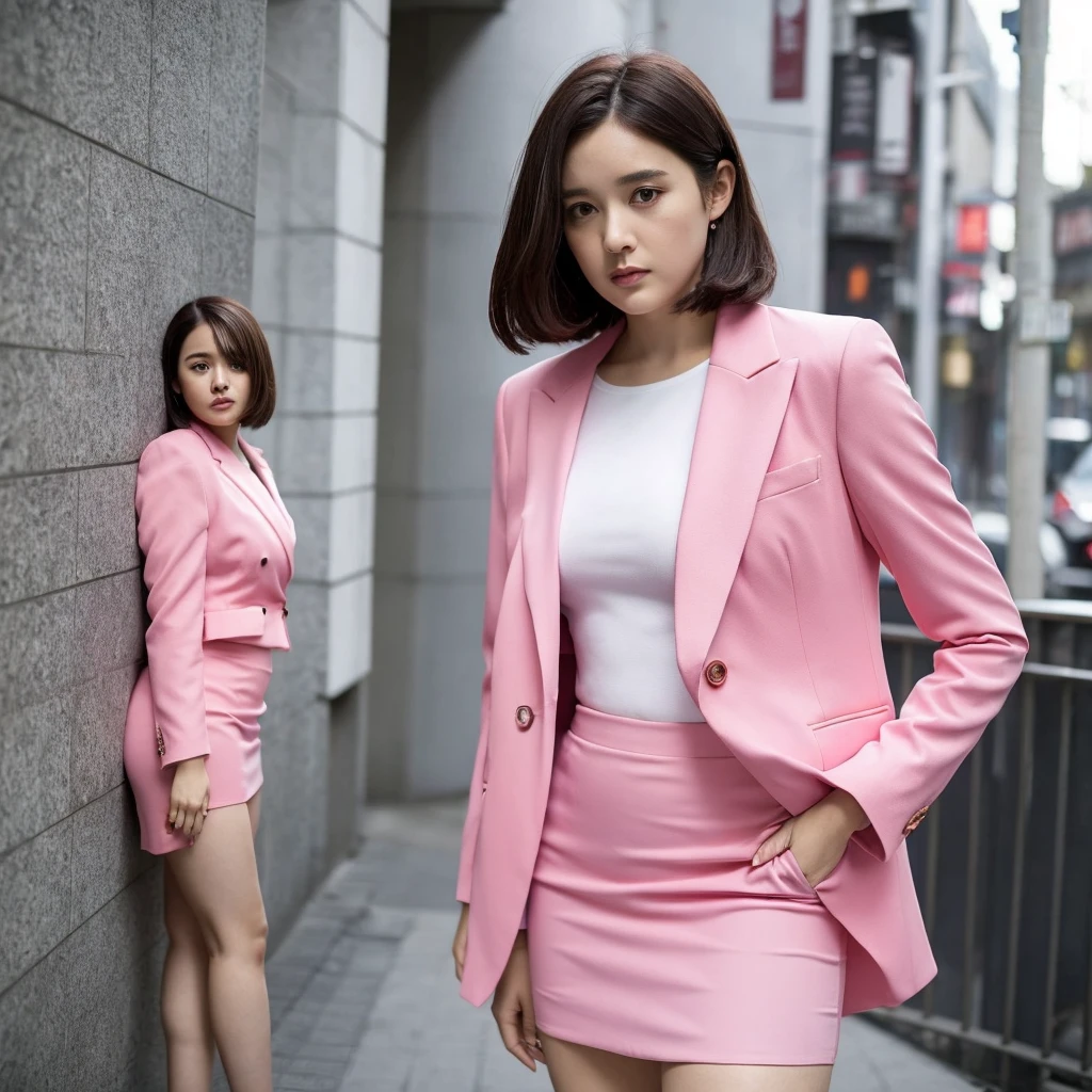 Front view,(1 women),solo,Anne-Marie Alto wear a tight pink suit, tight skirt ,(short skirt),looking at camera,25 years old, (((Anne-Marie Alto))), in the Tokyo city