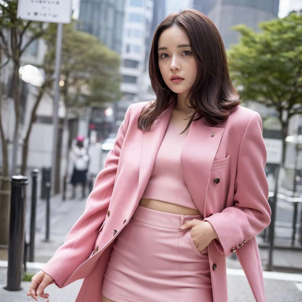 Front view,(1 women),solo,Anne-Marie Alto wear a tight pink suit, tight skirt ,(short skirt),looking at camera,25 years old, (((Anne-Marie Alto))), in the Tokyo city