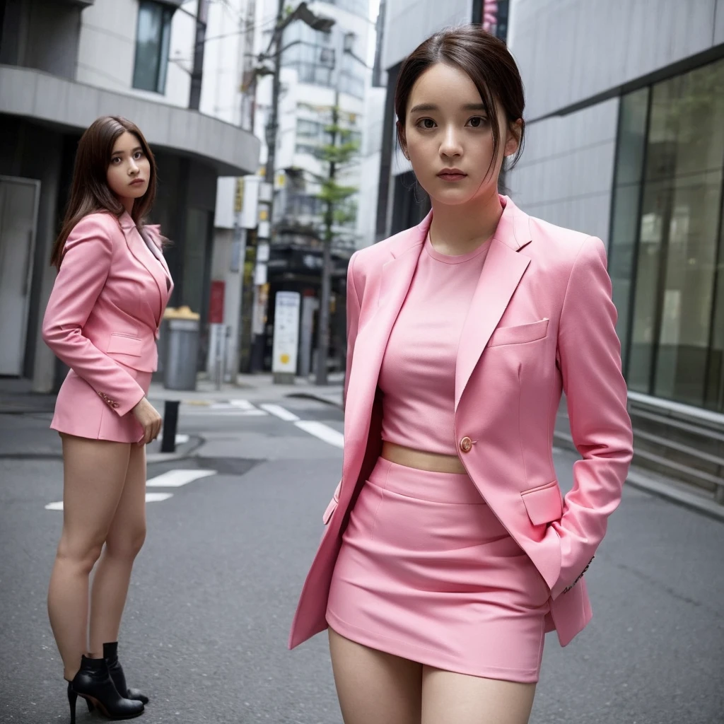 Front view,(1 women),solo,Anne-Marie Alto wear a tight pink suit, tight skirt ,(short skirt),looking at camera,25 years old, (((Anne-Marie Alto))), in the Tokyo city