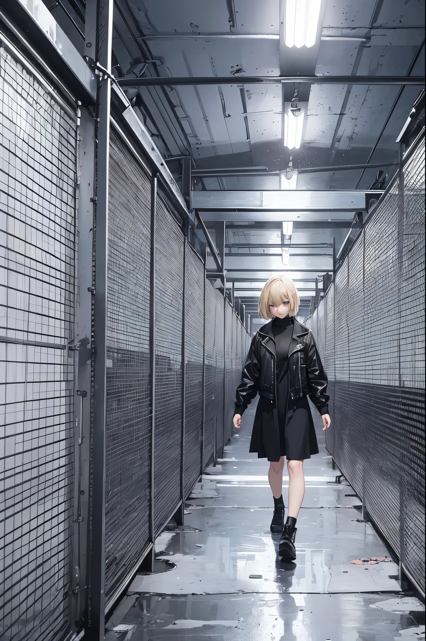 ((20-year-old woman,Blonde short bob hair,She is walking through an huge chain link fence in the Uneasy atmosphere world)),inside the monochrome world,There are monsters in the chain link fence,Uneasy atmosphere.