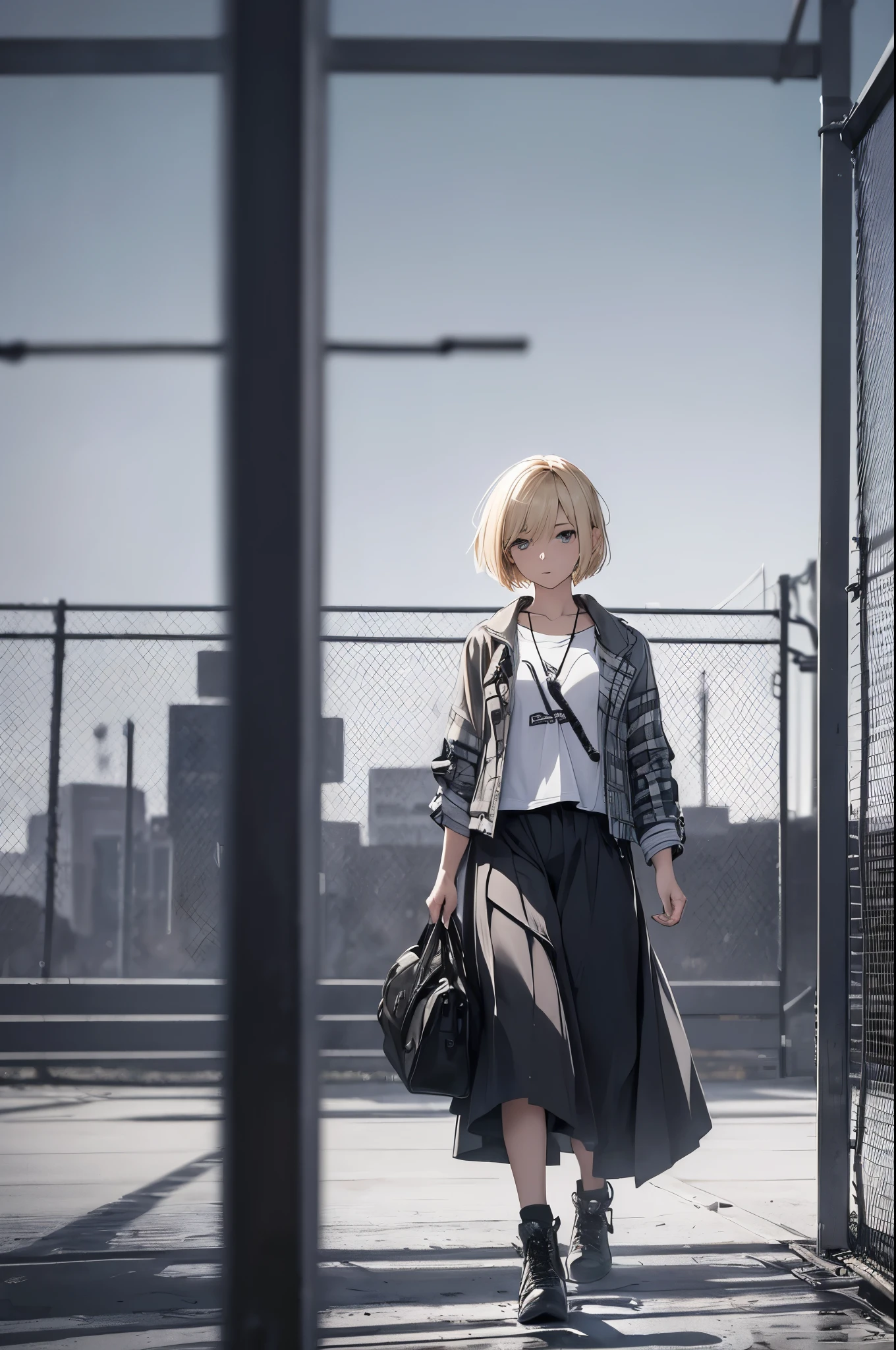 ((20-year-old woman,Blonde short bob hair,She is walking through an huge chain link fence in the Uneasy atmosphere world)),inside the monochrome world,There are monsters in the chain link fence,Uneasy atmosphere.