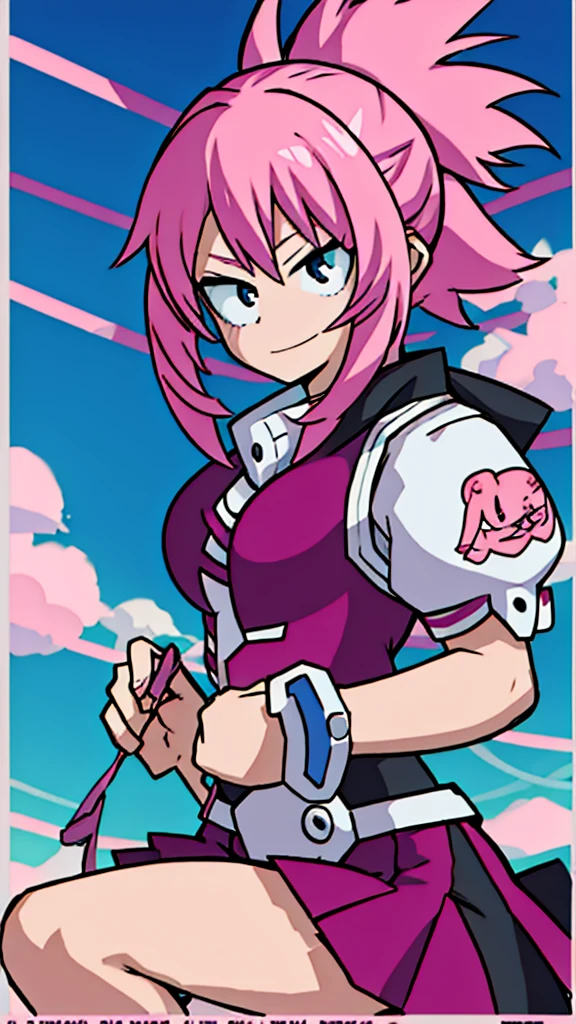 Anime girl with pink hair taking pictures