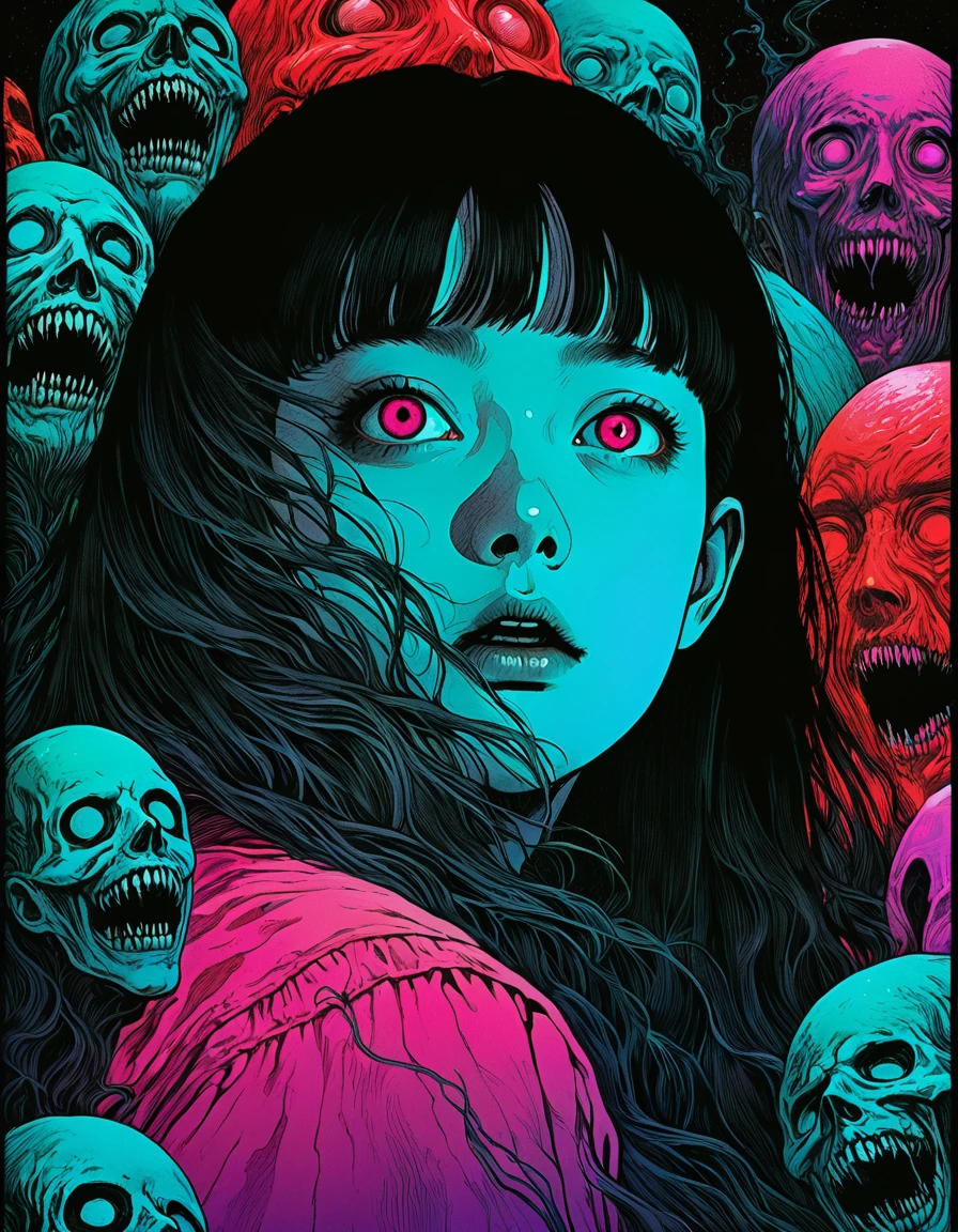 An illustration、art、80s horror movie posters, Supervised by Junji Ito、High detail, Realistic shadows、Analog Style, chromatic aberration, Surrealism、Complementary Gradient