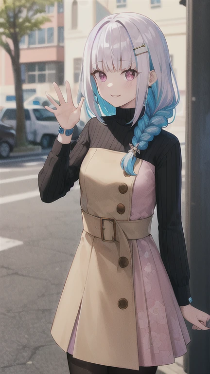 masterpiece, best quality, highres, lh1, hairclip, braid, pantyhose, long hair, brown dress, wristwatch, long sleeves, turtleneck sweater, jewelry, black pantyhose, floral print, hair over shoulder, pink dress, black sweater, cowboy shot, standing, outdoors, street, smile, waving,