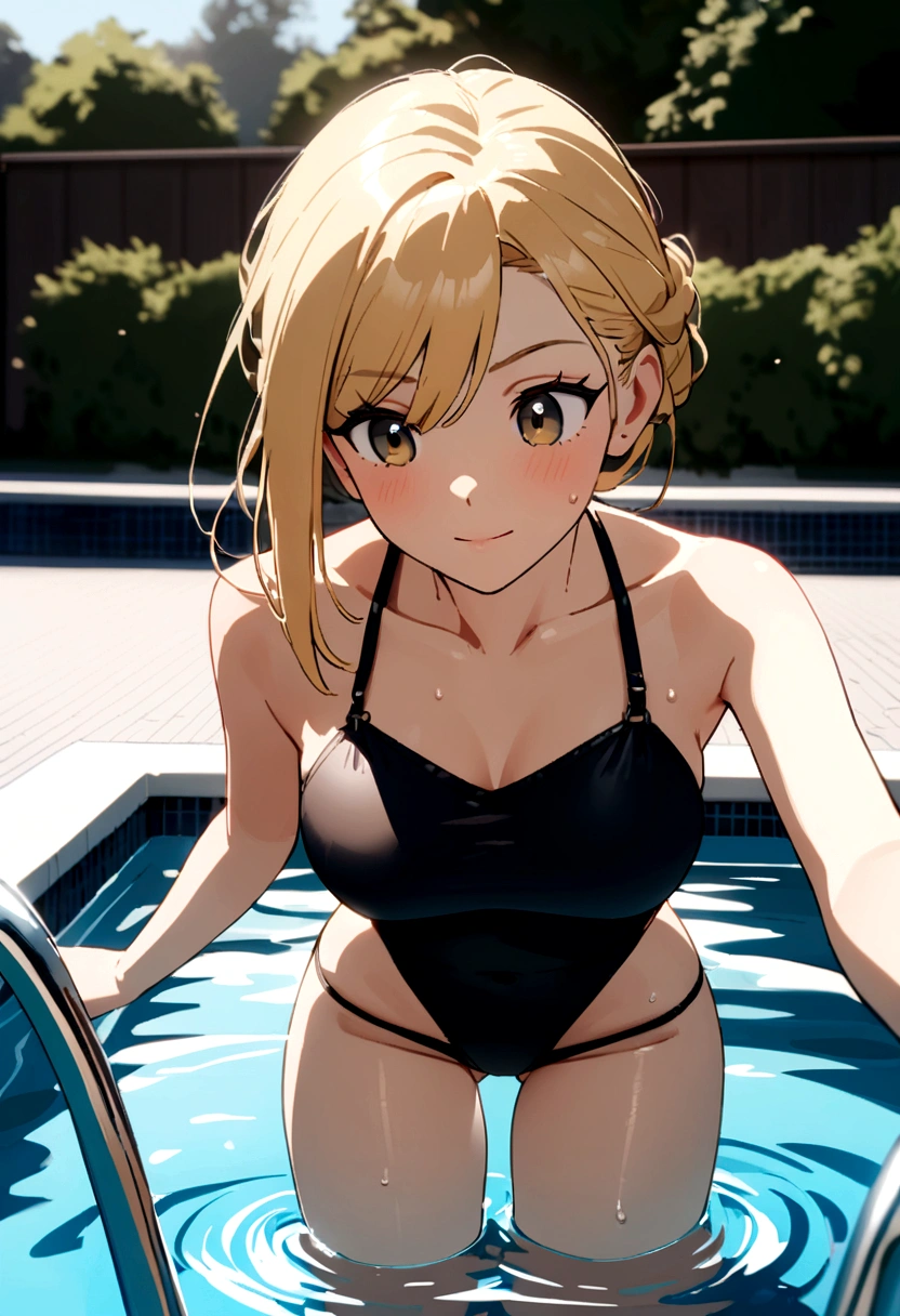 A blonde 22 year old girl with a skimpy swimsuit on at the pool
