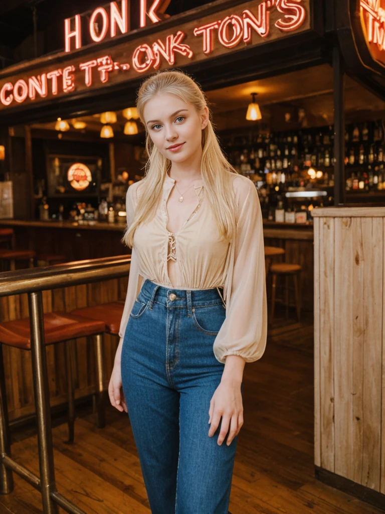 her name is Elle, high quality, 1girl, ((20-year-old fit Caucasian woman)), ((20 years old)), ((fit)), ((pale skin)), ((sleek ponytail blonde colored hair)) , wearing Beige Embroidered Sheer Top + High-Waisted Palazzo Pants, pose: standing, background: Capture the lively atmosphere of Nashville's Broadway Street, with its neon lights, honky-tonk bars, and the constant sound of live country music.