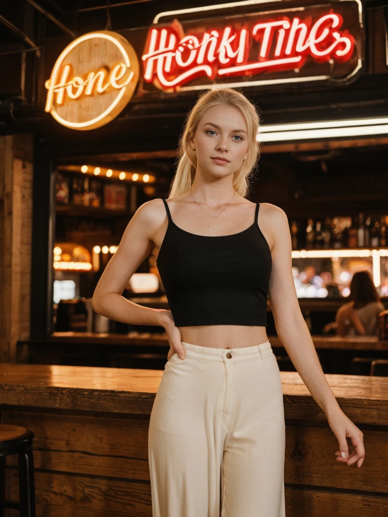 her name is Elle, high quality, 1girl, ((20-year-old fit Caucasian woman)), ((20 years old)), ((fit)), ((pale skin)), ((sleek ponytail blonde colored hair)) , wearing Beige Embroidered Sheer Top + High-Waisted Palazzo Pants, pose: standing, background: Capture the lively atmosphere of Nashville's Broadway Street, with its neon lights, honky-tonk bars, and the constant sound of live country music.