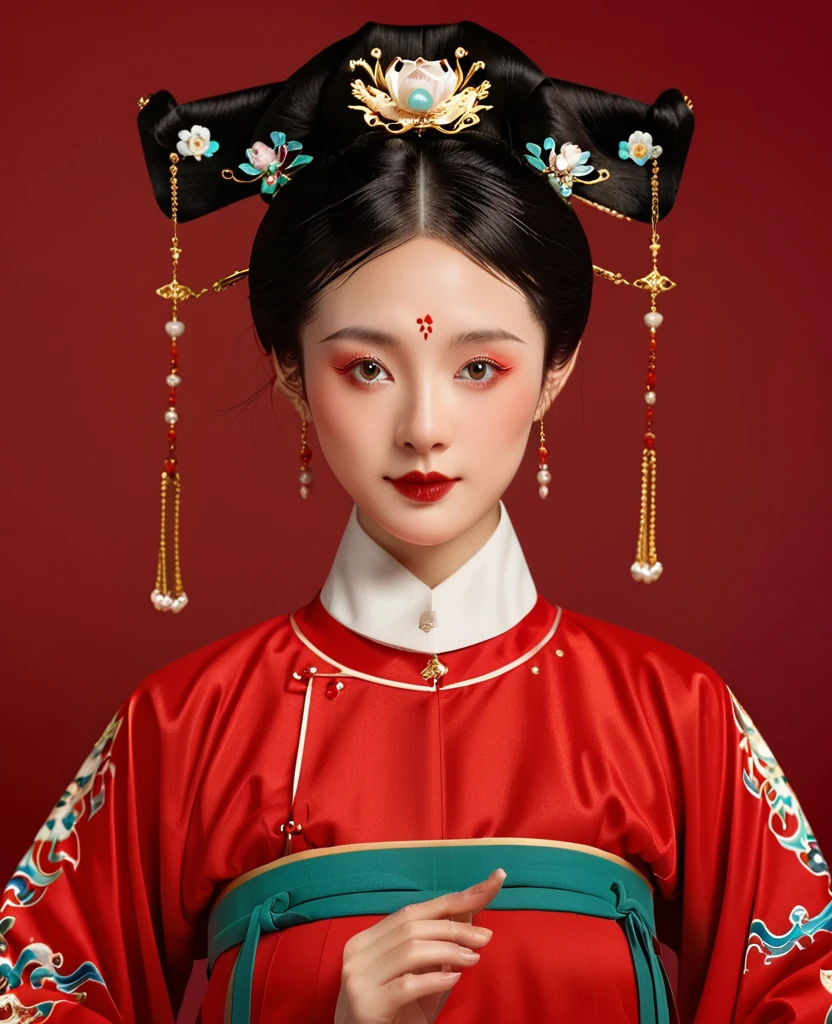 Chinese classical girl portrait，symmetry，Round Face，Bright Eyes，Smooth skin，Chinese Ming Han uniform,egotistical,Holding a Chinese fan，Red clean background