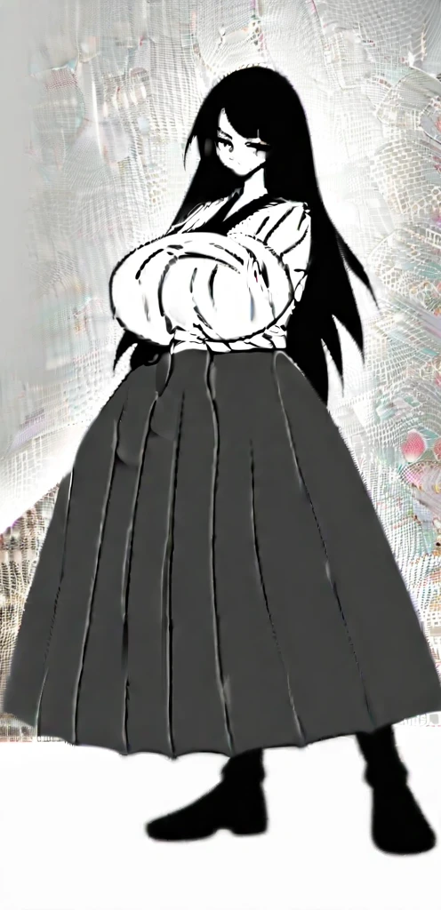 Samurai woman with gigantic round breast that are twice the size of her head, she has extremely wide hips, she wears a long dark hakama that covers her body, holding katana, she has a serious look on her face, ready for battle