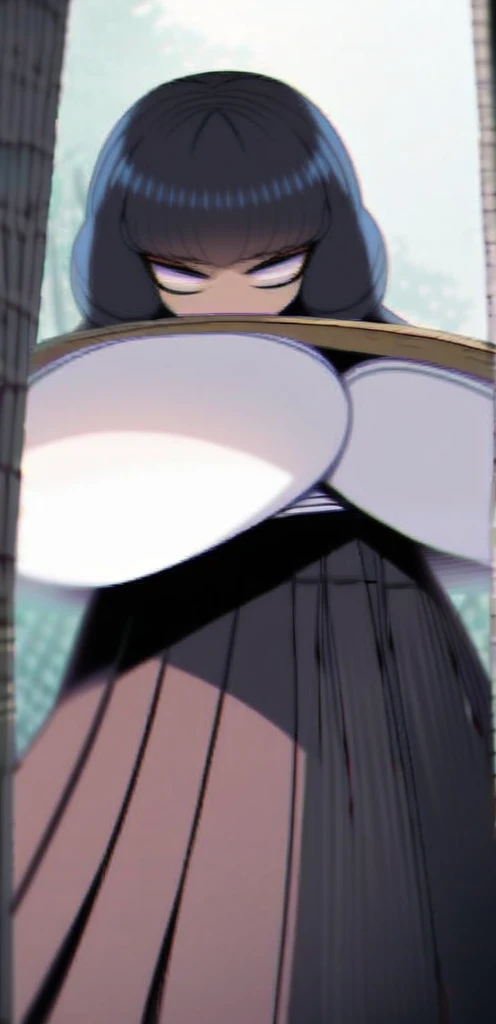 Samurai woman with gigantic round breast that are twice the size of her head, she has extremely wide hips, she wears a long dark hakama that covers her body, holding katana, she has a serious look on her face, ready for battle