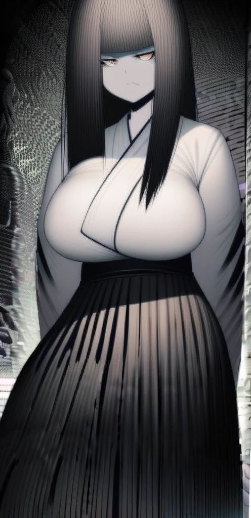Samurai woman with gigantic round breast that are twice the size of her head, she has extremely wide hips, she wears a long dark hakama that covers her body, holding katana, she has a serious look on her face, ready for battle
