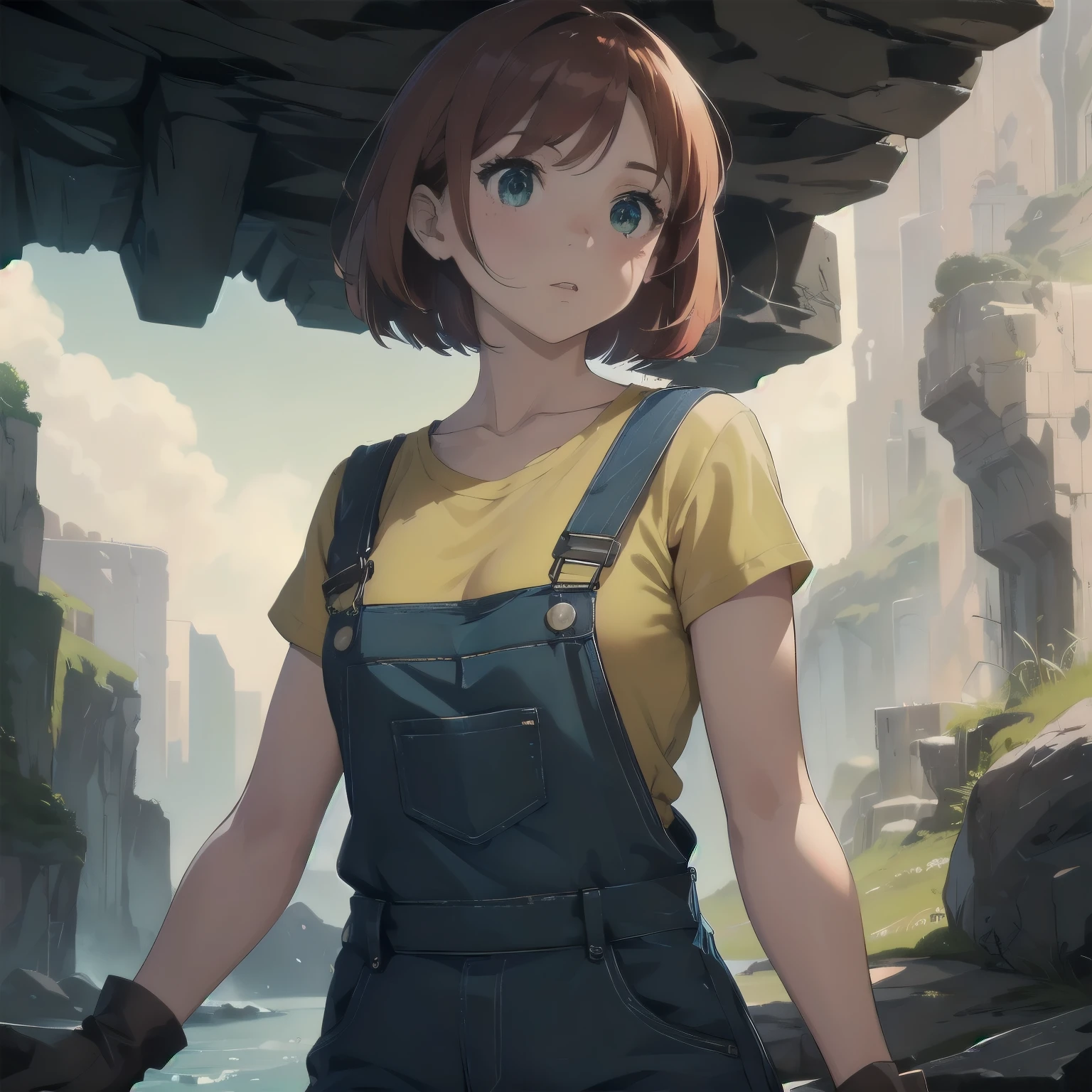 (masterpiece), best quality, expressive eyes, perfect face, 1girl, solo, bob cut, redhead, red hair BREAK short hair, green eyes BREAK blush, looking at viewer, freckles, breasts, cleavage, standing, yellow shirt BREAK blue overalls BREAK :o, surprised face, cave, cave interior, blue rocks, mines, looking away, gloves