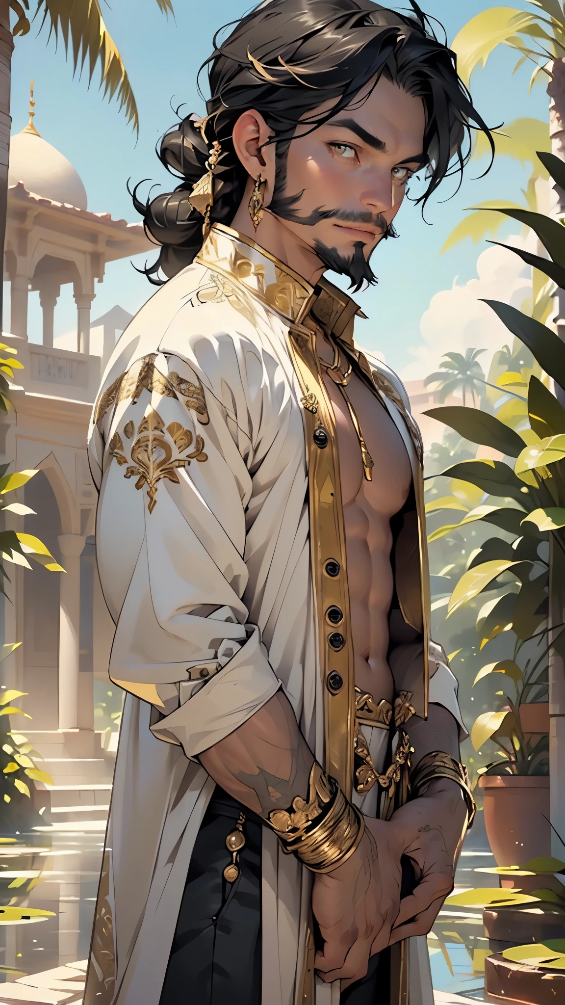 (man:1.5),1 man,male, muscle, 1boy, muscle, pectoral, muscular, Mature man,45 year,1 man,macho man,an extremely detailed face,((black hair,intricate cut hair,black hair)),(((black very short beard, black very short beard))), (((gold_eyes:1.3))),intricate eyes,beautiful detailed eyes,symmetrical eyes,perfect face, nice hair style,(perfect hands, five fingers), thicc, ((detailed face)),macho man,
(male arab prince),prince,
(((lustrous skin:1.5,tanned skin,bright skin: 1.5,skin tanned,shiny skin,very shiny skin,shiny body))),powerful,heroic,nsfw,
(((bare chest,naked torso))),black cape around shoulders,red tunic,gold buttons,swedish renaissance dress,with axe,scars,gold necklace,earrings,ornate armor,arabic pants,((bulge in pants)),turban, arabic clothes, long robes, white robes, bracers, traveler's shoulder bag,(((intricate outfit,embroidered outfit,ornate outfit,intricate clothes,embroidered clothes,ornate clothes))),
dynamic pose,looking at viewer,smug,(masculine attitude),centered,scale to fit dimensions,Rule of thirds,
outdoors,(Arab palace,Arab palace background,pyramids in the background),scenery,(oasis,oasis background),extremely scenery,(puddles everywhere,moss,moss on the background),clouds,Arab style,Arab castle,lily pads,palms,reeds,(sunset, golden hour),
(Glossy Arab ornaments),highres,sharp focus,(ultra detailed,extremely detailed),(photorealistic artwork:1.37),(extremely detailed CG unity 8k wallpaper),(((vibrant colors,vibrant theme))),(intricate),(masterpiece),(best quality),artistic photography,(photography taken by sldr),(intricate background),perfect rendered face,perfect face details,realistic face,photo realistic,((intricate detail)),(((realism))),