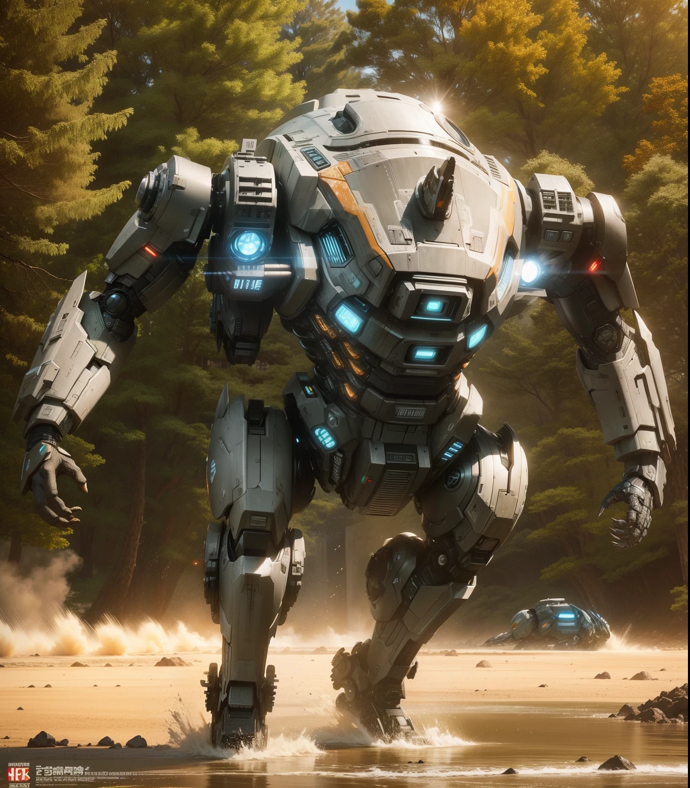 Pacific Rim, Kaiju Invasion Alert, like netflix droid atlas movie with full silver armor, Mobilized Global Defense Forces, futuristic technology, style photorealistic, captured with a Fujifilm X-T20 and a 35mm lens, bright emergency lights, military base environment.