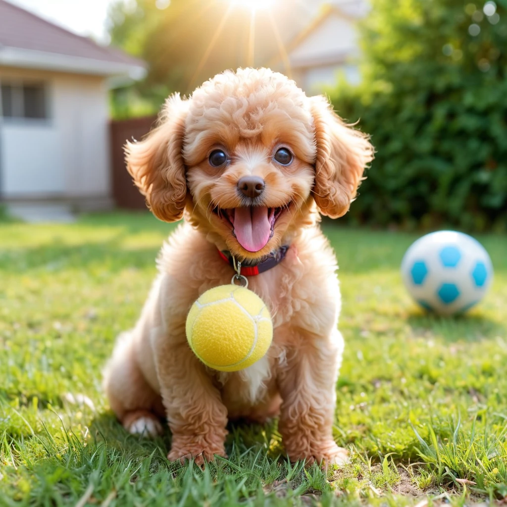 Small toy poodle puppy playing with a ball in the yard, noon, summer, Volumetric Light,The dog seems happy, Stick your tongue out, Panting and laughing,