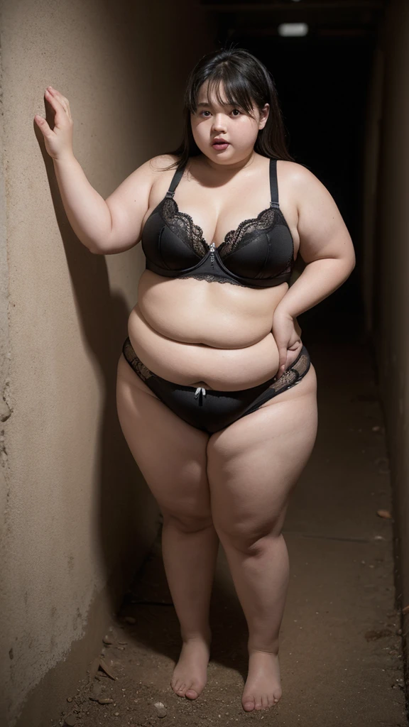 Very fat kid girl , obese , age 15 years , very fat body , in underground prison ,face excited , full body, panties , bra