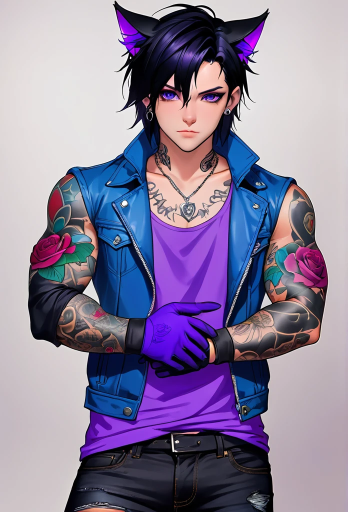 1boy, black hair, black cat ears, exposed shoulders,purple rolled-up sleeves jacket, black jeans pants,purple eyes, bold tattoos, bold rose tattoos, blue rose tattoos, arms covered in tattoos,black gloves