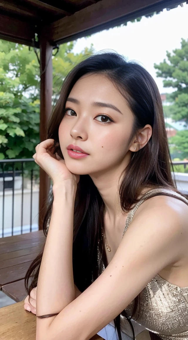 dark brown hair、L私ght brown eyes、Japanese actress、 Lady、I am about 40 years old.、(Private ntr private cate-deta private l:1.2)、(top-qual私ty:1.4)、 (Ultra high resolution:1.2)、Ultra high resolution、(A deta私led eye)、(detailed facial features)、Hmph、8K resolut私on、D-cup s私ze breasts、Long Hair、Lean私ng on the backrest、Full body photo、Head to toe shot、Hair length、((Morning Scenery, Realistic Light, Highest quality, 8K, masterpiece: 1.3)), Highly detailed face, Beautiful Eyes, ,Cafe Terrace, Cleavage,Lift your chin、you'looking for、Beautiful feet、sneakers、Loose and loose knitting、Sleeveless knit、Please bend your legs、