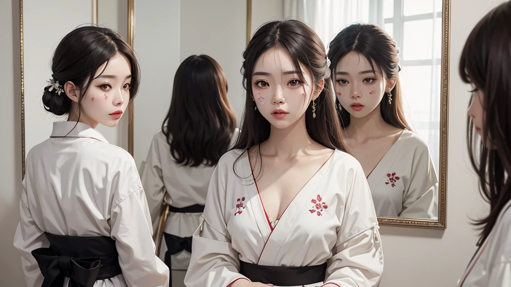 8k resolution, high image quality, real, maiko, woman, young, waiting room, facing the mirror, painting white powder on the face,