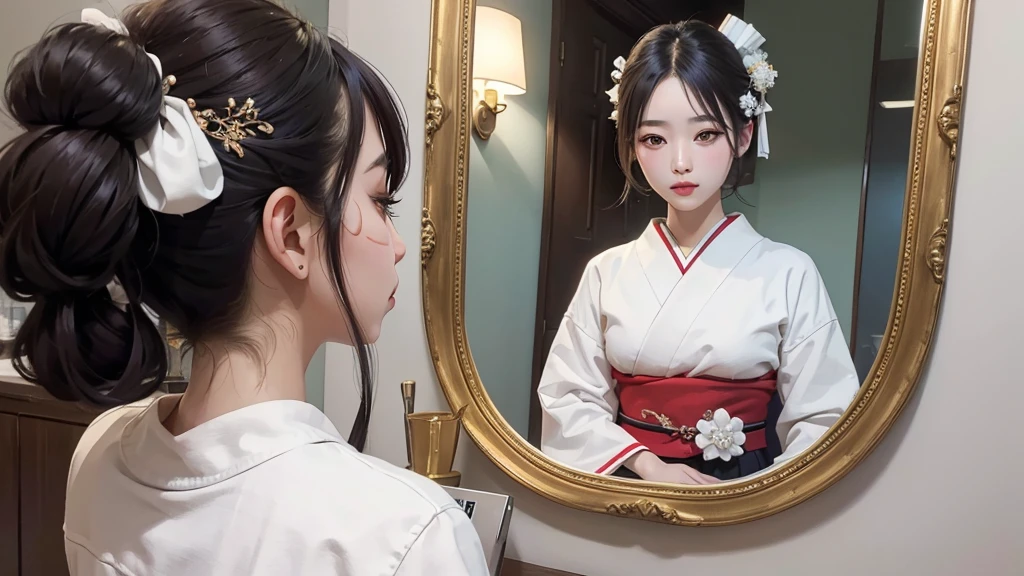 8k resolution, high image quality, real, maiko, woman, young, waiting room, facing the mirror, painting white powder on the face,