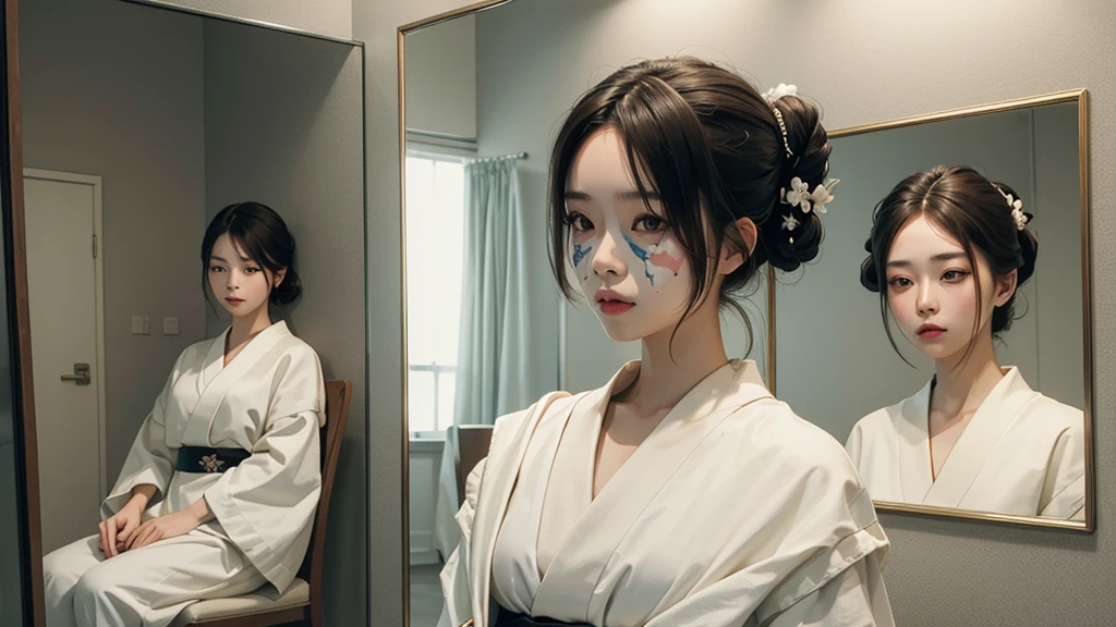 8k resolution, high image quality, real, maiko, woman, young, waiting room, facing the mirror, painting white powder on the face,