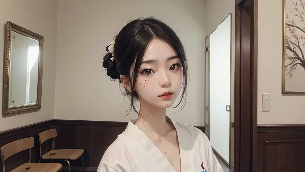 8k resolution, high image quality, real, maiko, woman, young, waiting room, facing the mirror, painting white powder on the face,