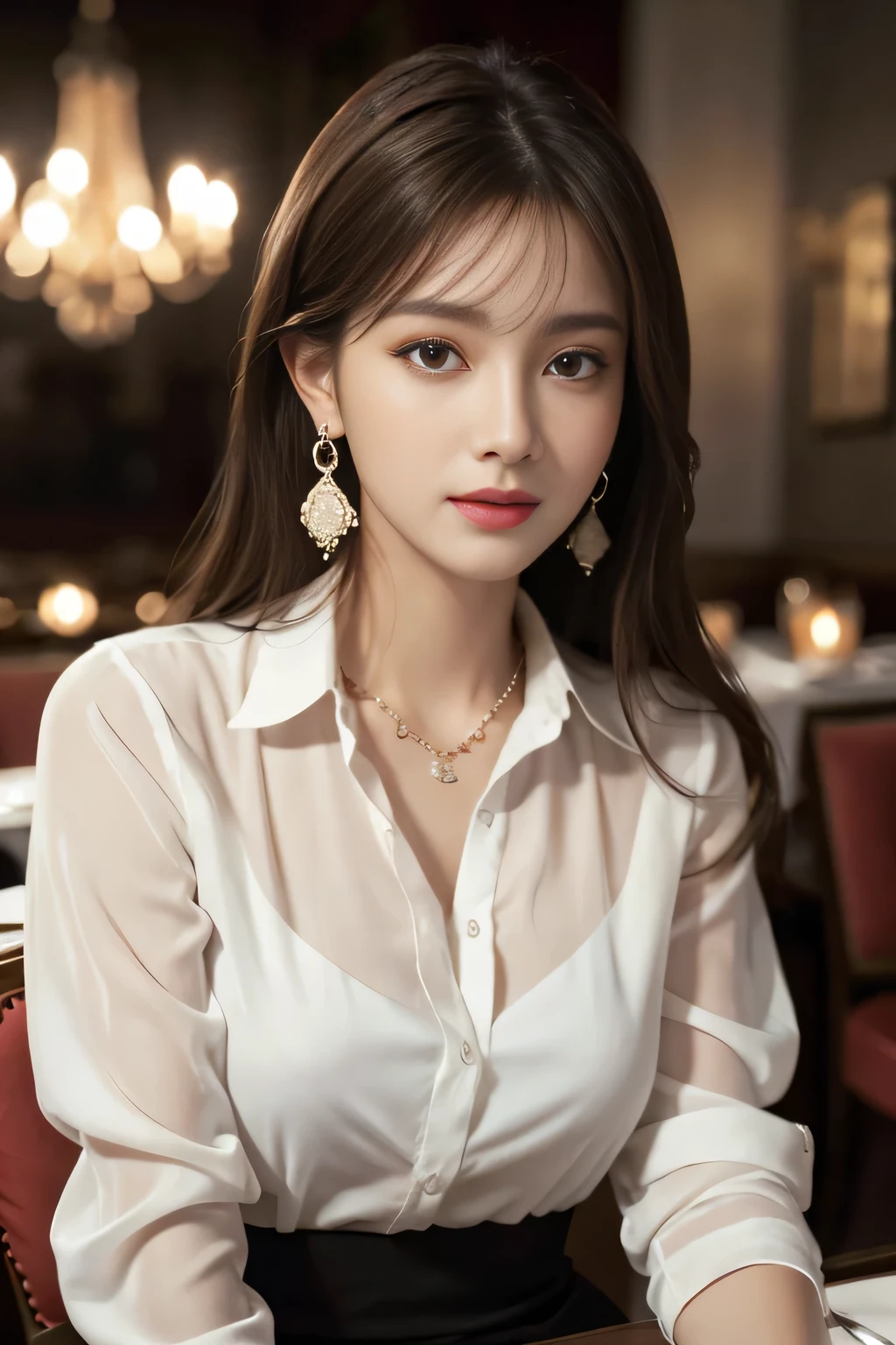 masterpiece, Highest quality, Realistic, Very detailed, Finer details, High resolution, 8k wallpaper, One beautiful woman, Wear an elegant white see-through shirt, In a great restaurant, At night, Light brown messy hair, Perfect dynamic composition, Beautiful and beautiful eyes、Big earrings、Sit on a chair、