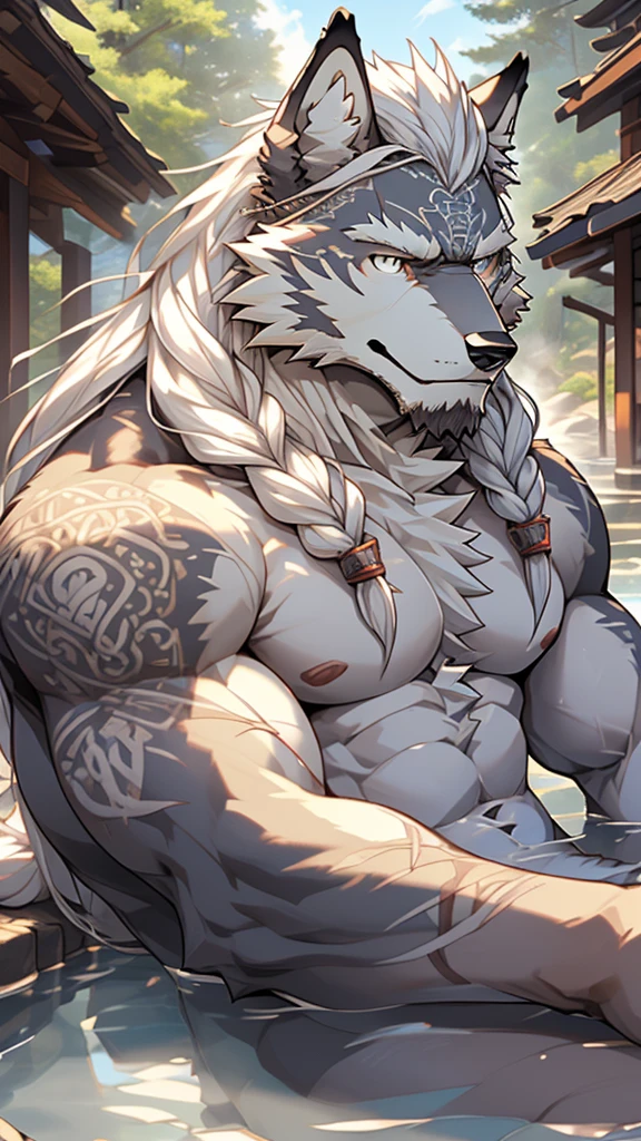 (masterpiece),(highres),(intricate details:1.4),extremely detailed,(illustration:1.2),8k,photorealistic,Anime headshot,exquisite,solo,aged,elder male wolf,grey fur,muscular,general,(naked upper body:1.4),(white hair:1.3),long hair,braided hair,long white beard,scar,naked,in the hot spring,relaxed