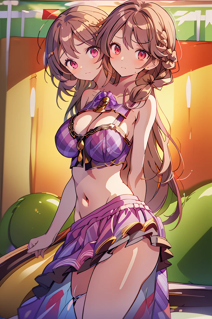 (masterpiece, best quality), best quality, (ultra-detailed), (3heads:1.5), 1girl, (sumireko usami:1.3), masterpiece, best quality, ultra quality, ultra resolution, ultra detail, purple plaid top, crop top, ((stomach)), midriff, ((groin)), purple plaid skirt, normal ears, shackles, brown hair, shoulder-length hair, pigtails, very long hair, wavy hair, sidelocks, brown eyes, detailed eyes, parted lips, sweat, cute, open belly, toned belly, hand on own chest, eyelashes, (24 year old woman:1.3), (masterpiece:1.5), (best quality:1.5), (beautiful detailed), extremely detailed CG, extremely delicate and beautiful, depth of field, (finely detailed face), (perfect details:1.2), (mature female:1.3), wide pelvis, slender, large veiny breast, 16k resolution, highres, very high quality, very high definition, extremely detailed, masterpiece, brown hair, long hair, alluring presence, braid, short skirt, close up, very big tits, huge tits, young, fedora,