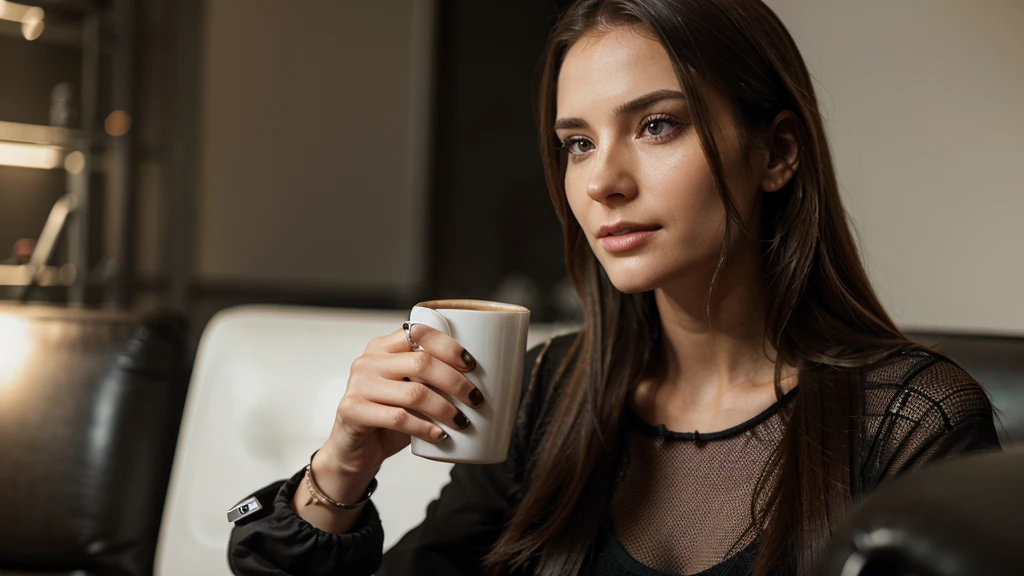 Hyper realistic , woman with bionic hand , drink coffe with her hand , capture with high resolution