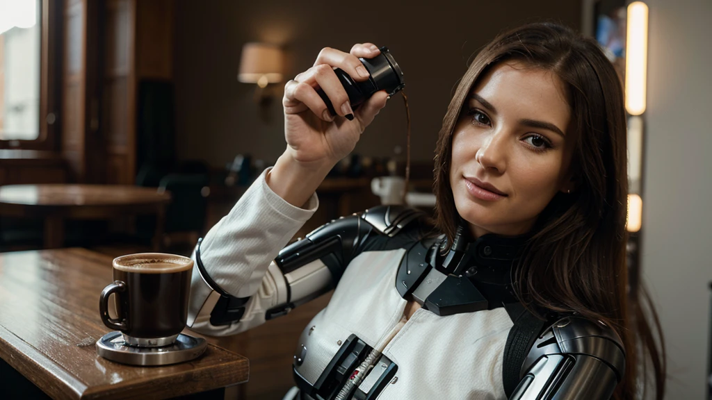 Hyper realistic , woman with bionic hand , drink coffe with her hand , capture with high resolution