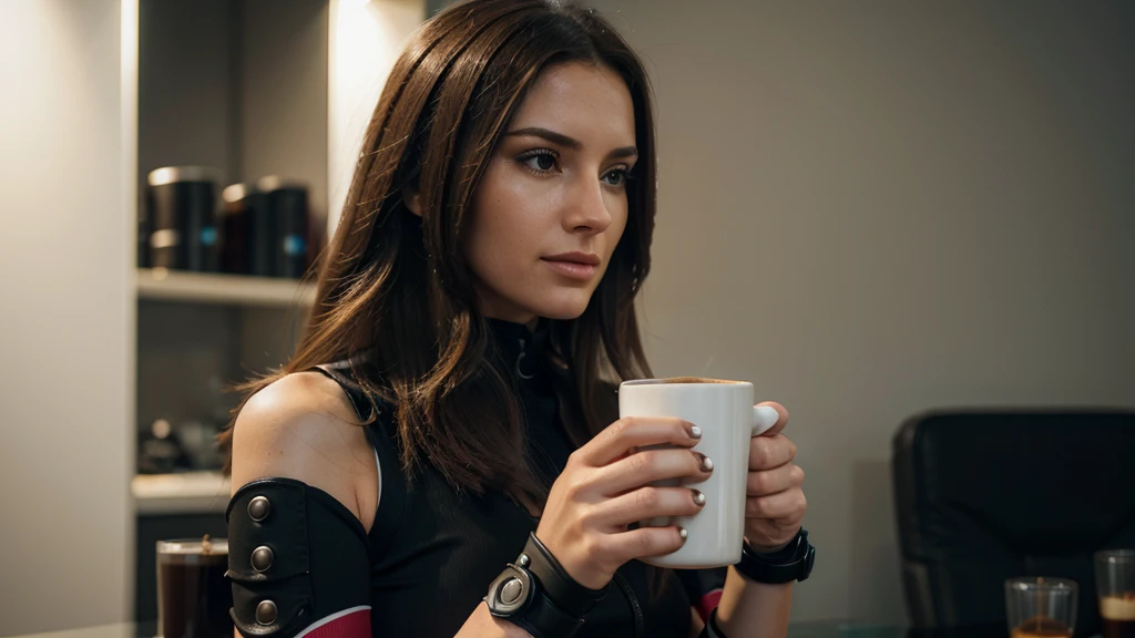 Hyper realistic , woman with bionic hand , drink coffe with her hand , capture with high resolution