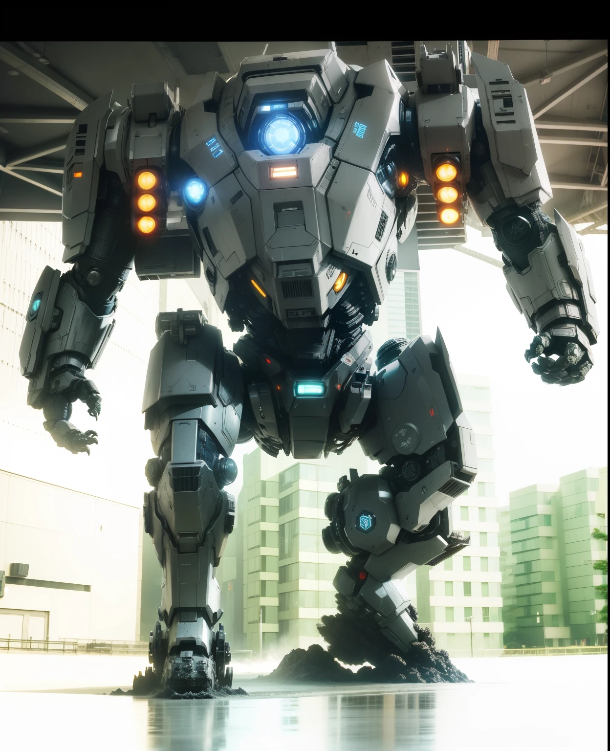 Pacific Rim, Kaiju Invasion Alert, like netflix droid atlas movie with full silver armor, Mobilized Global Defense Forces, futuristic technology, style photorealistic, captured with a Fujifilm X-T20 and a 35mm lens, bright emergency lights, military base environment.