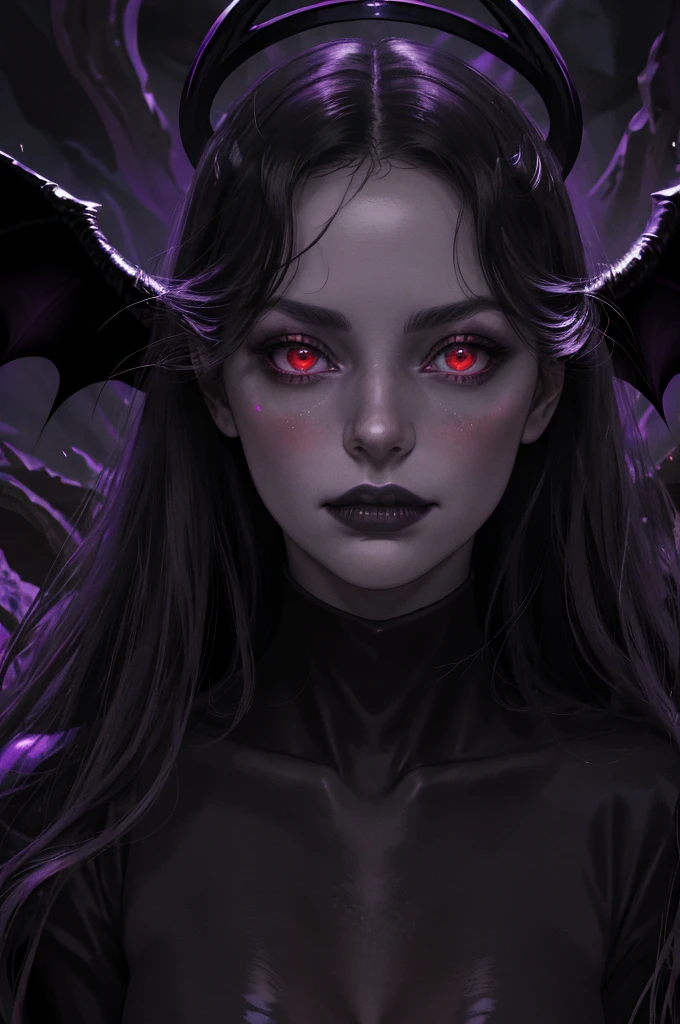 (masterpiece), (unrivalled quality:1.4), ultra-high resolution, [:velvet textures:0.2], hyperrealistic, dark fantasy portrait, 1 woman, adult (succubus:0.7) with a sly smirk, hypnotic ruby red eyes,her mouth wide open, raven-black hair cascading in waves, solo, detailed face, (cavernous underworld theme:1.1) (demonic wings:1.05), personified forbidden temptation, allure, power, darkness, succubus mythology symbolism, firelight, glow, rich purples and reds, symmetry, obsidian, foreboding cavern background, otherworldly infernal atmosphere, make her mouth open wide.