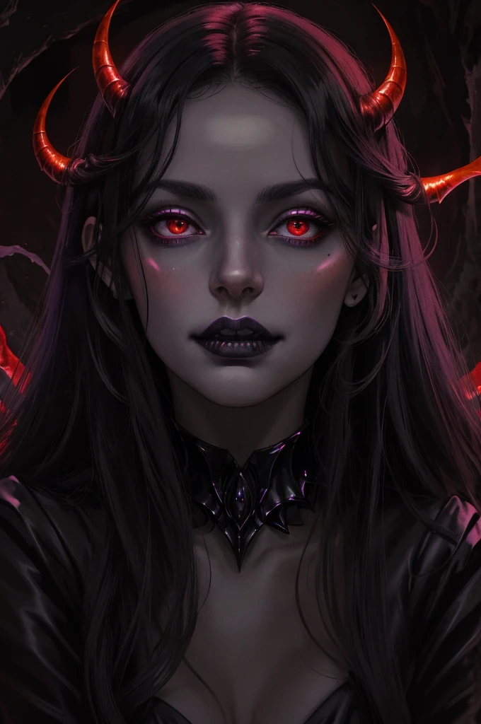 (masterpiece), (unrivalled quality:1.4), ultra-high resolution, [:velvet textures:0.2], hyperrealistic, dark fantasy portrait, 1 woman, adult (succubus:0.7) with a sly smirk, hypnotic ruby red eyes,her mouth wide open, raven-black hair cascading in waves, solo, detailed face, (cavernous underworld theme:1.1) (demonic wings:1.05), personified forbidden temptation, allure, power, darkness, succubus mythology symbolism, firelight, glow, rich purples and reds, symmetry, obsidian, foreboding cavern background, otherworldly infernal atmosphere, make her mouth open wide.