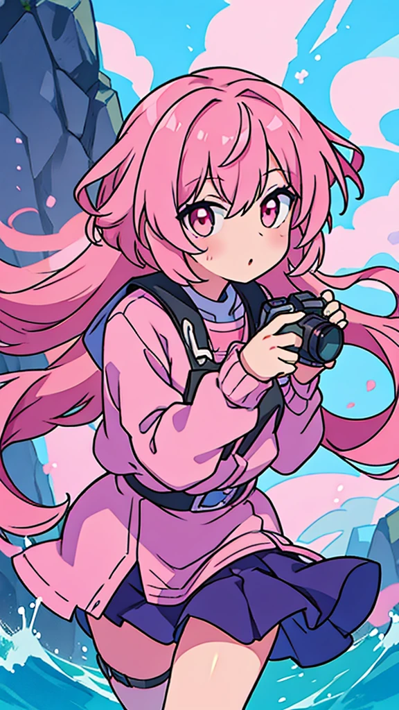 Anime girl with pink hair taking pictures