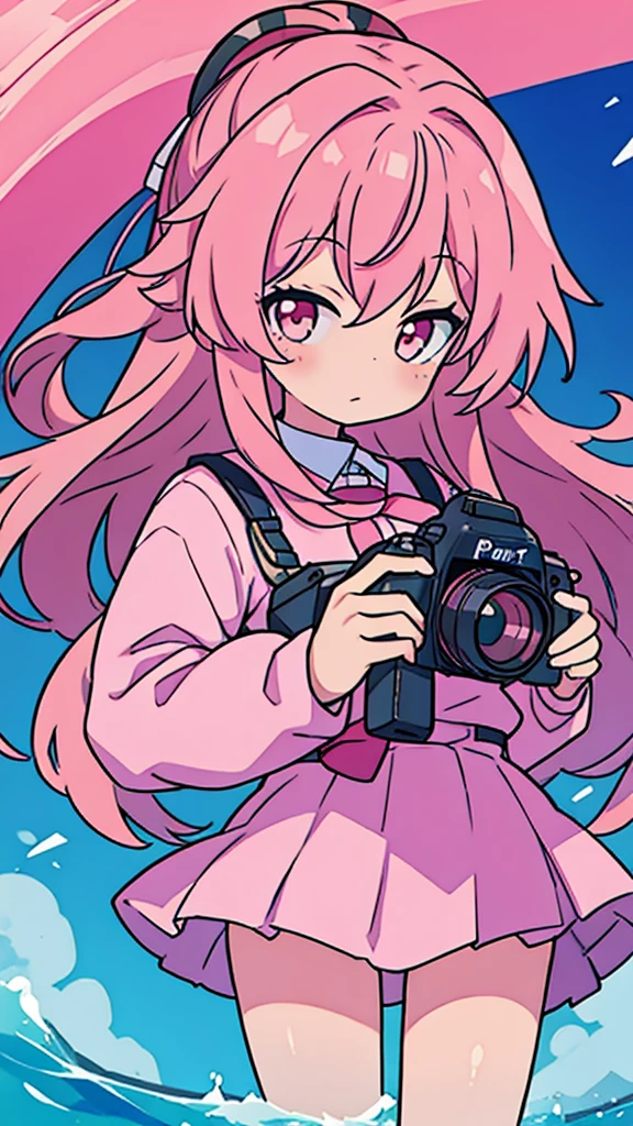 Anime girl with pink hair taking pictures