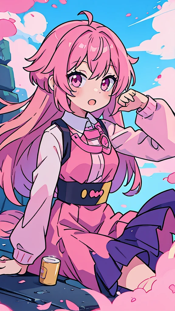 Anime girl with pink hair taking pictures