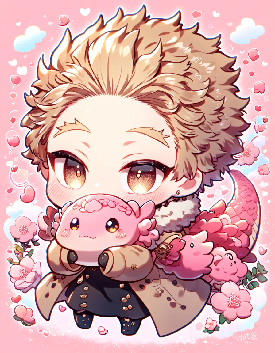 absurdres, highres, ultra detailed, HDR, master piece, Hawks chibi, brown-blond hair, expressive brown-golden eyes, brown coat with fur, black gloves, Boku No Hero Academia, cute, best quality, blossoms, pink petals, pink flowers, fantasy, magical, solo, pink background, hugging a pink dragon, black shirt, love,