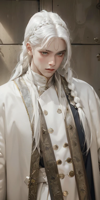 best qualityer, work of art,White hair, gold eyes,white clothes, looking up, trunk,lock of hair,skin fair,side braids, naughty man, male, 8K