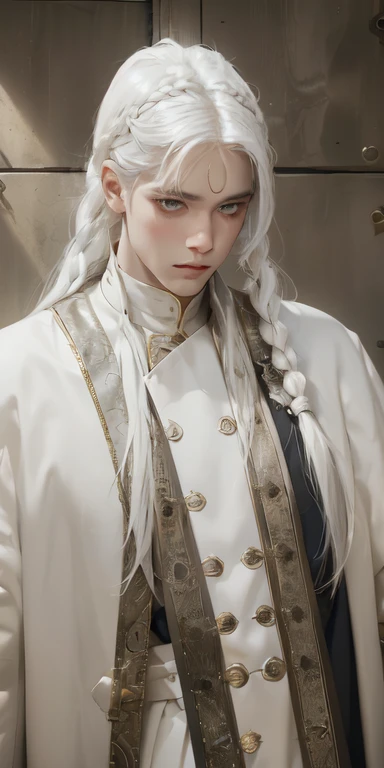 best qualityer, work of art,White hair, gold eyes,white clothes, looking up, trunk,lock of hair,skin fair,side braids, naughty man, male, 8K