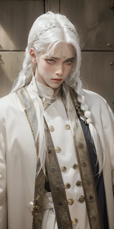 best qualityer, work of art,White hair, gold eyes,white clothes, looking up, trunk,lock of hair,skin fair,side braids, naughty man, male, 8K