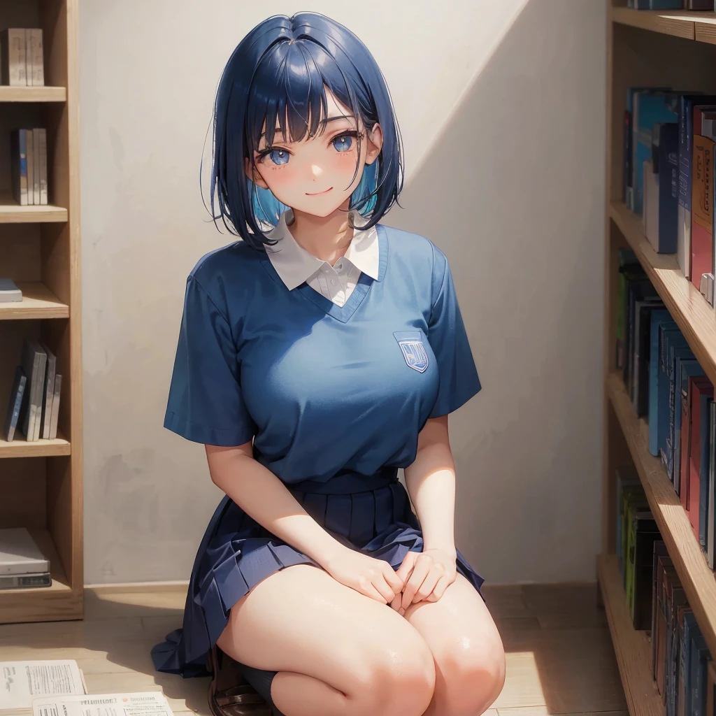 1. High school girl 17-year-old female Bobcut dark blue hair color High School Uniform Light blue Y-shirt Short sleeve Blue Ribbon dark blue hair color Slim figure Large Breasts Full body portrait School library Smiling Kindly Laugh a little library Hand Signs squat Kneel Look up here