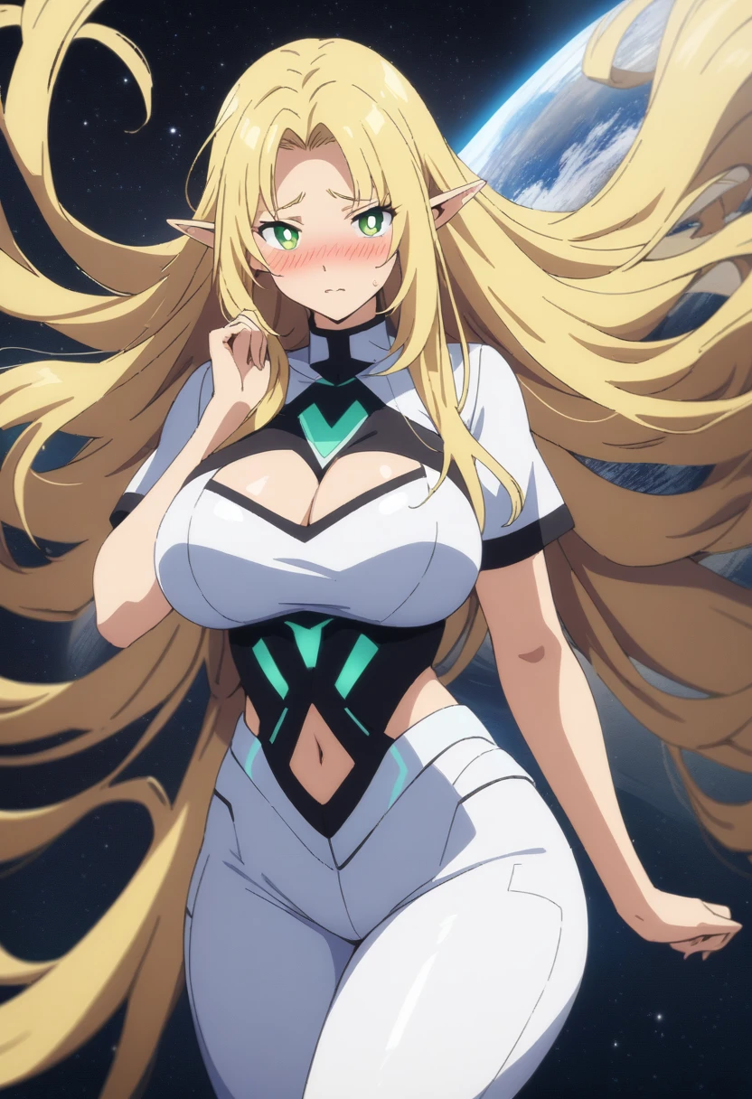 anime art style, masterpiece, best quality, very aesthetic, absurdres, dynamic shadows, atmosferic, marcilledonato, ((1girl)), blonde hair, ((long hair)), parted bangs, green eyes, detailed eyes, bright pupils, pointy ears, curvy body, large breasts, sexy, ((futuristic clothes)), white hoodie, cutout on cleavage, short sleeves, borrowed, embarrased, intense blush, ((cowboy shot)), (from front), (floating), (space), (stars), (galaxy), (looking at viewer:1.0)